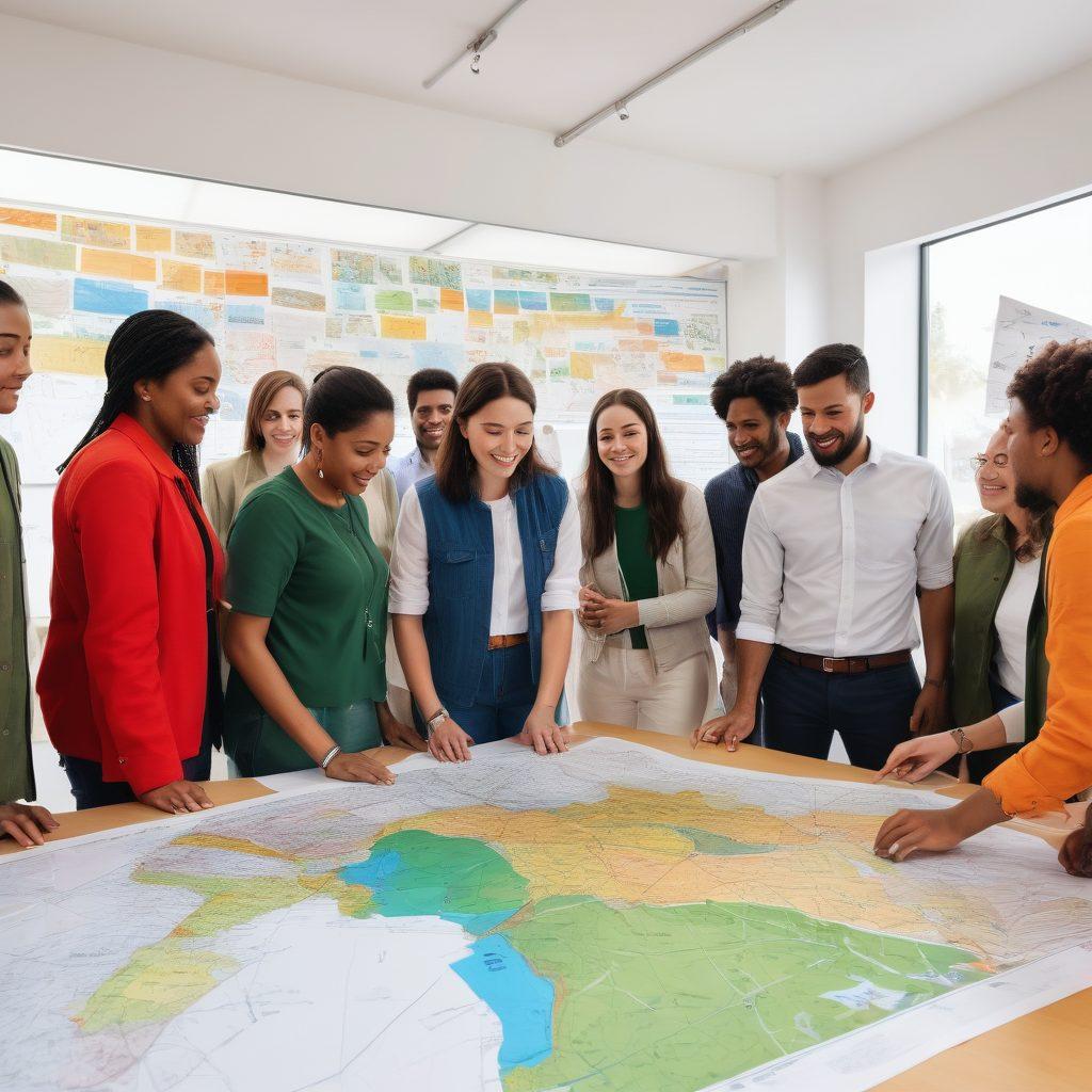 A diverse group of people from various cultures collaborating in a vibrant, interconnected community space, with hand-drawn maps showing local initiatives transforming into global movements in the background. Illustrate a sense of unity and support, with elements like flags from different countries, technology, and green projects symbolizing progress and change. super-realistic. vibrant colors. white background.