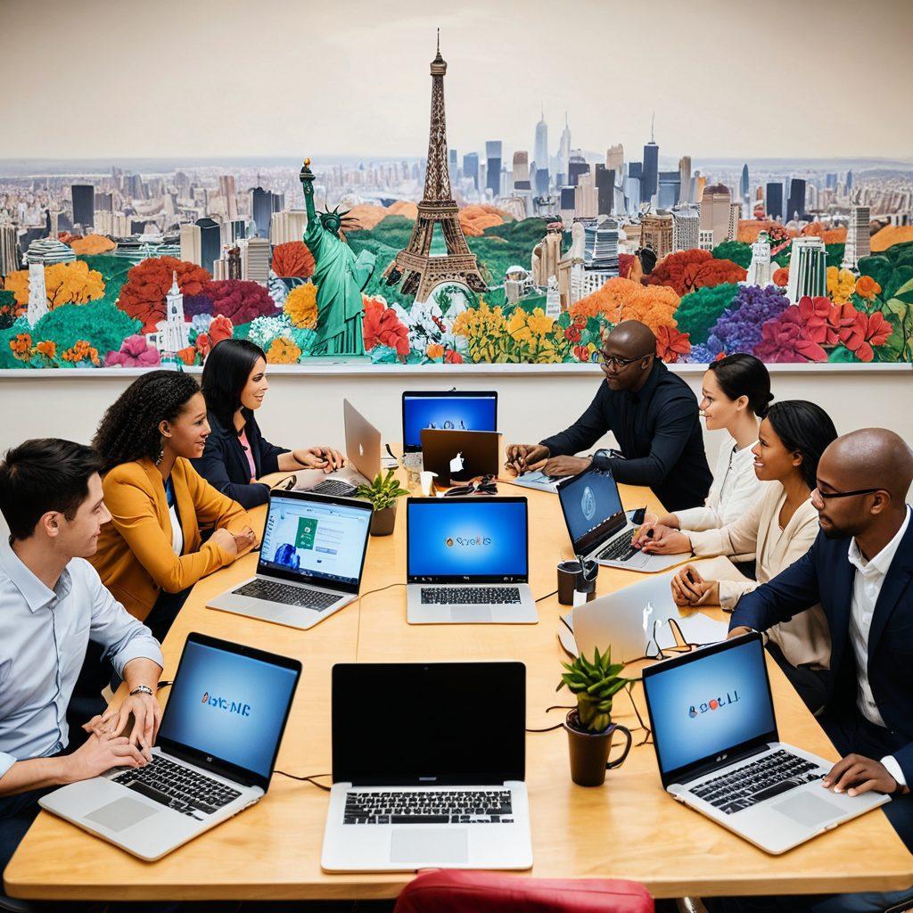A diverse group of people collaborating over digital solutions, with a backdrop of global landmarks symbolizing different communities. Integrate elements of technology like laptops, graphs, and community symbols to illustrate empowerment. Use warm, inviting colors to evoke a sense of hope and unity. Style: vibrant colors. super-realistic.