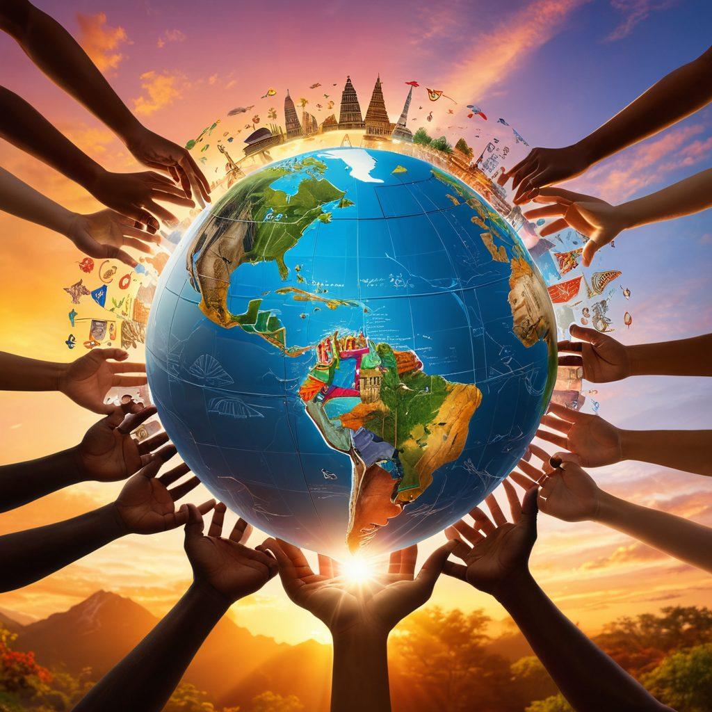 A vibrant globe surrounded by diverse communities holding hands, showcasing cultural symbols and landmarks from different continents. The background features a radiant sunrise symbolizing hope and unity, with interconnected lines representing global connections. Include elements of technology and nature harmonizing together. super-realistic. vibrant colors. 3D.